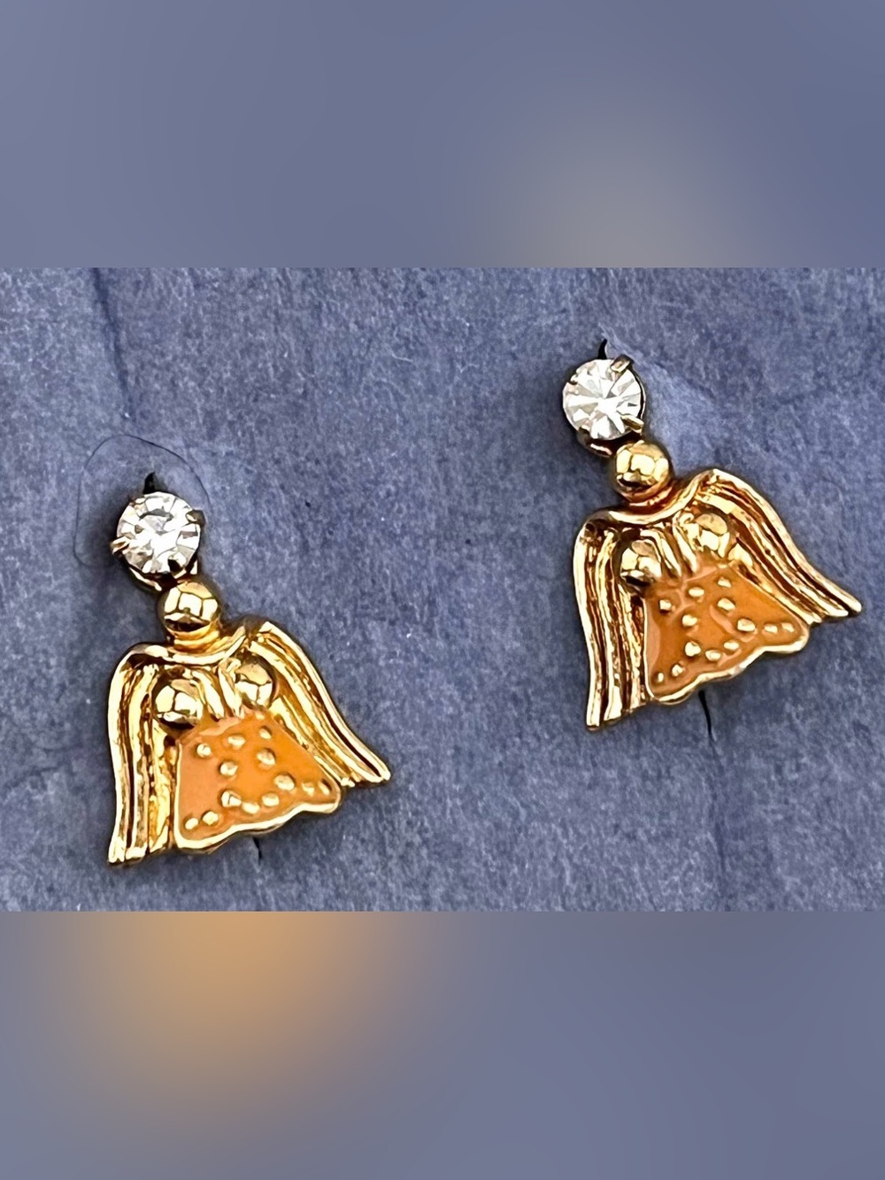 Avon Gold Angel Wing Stud Earrings with Clear Crystal